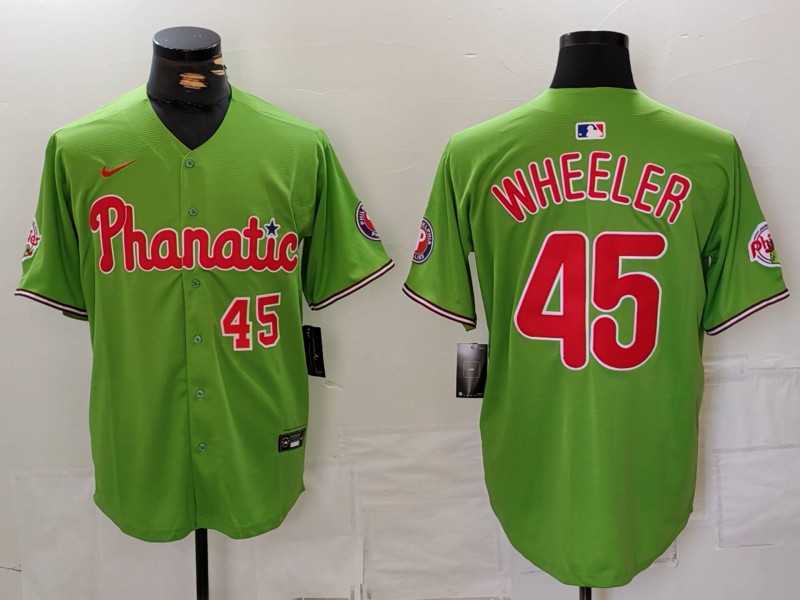 Men%27s Philadelphia Phillies #45 Zack Wheeler Number Green With Patch Stitched Cool Base Nike Jersey